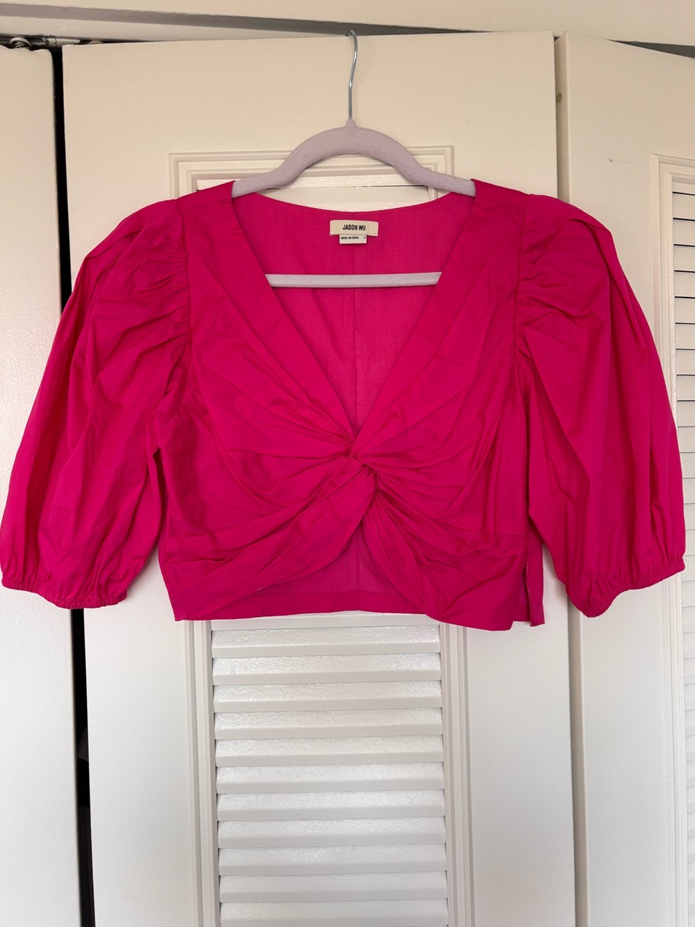 Jason Wu Hot Pink Twist-Knot Puff Sleeve Crop Top